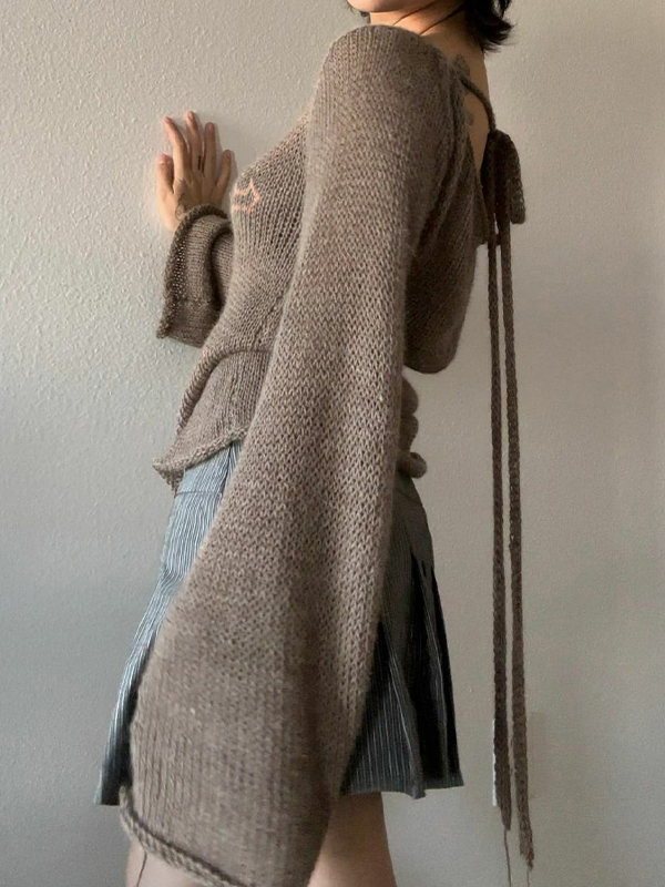 Contrast Color Cross Jacquard Rolled Design Long Sleeve Knit-4