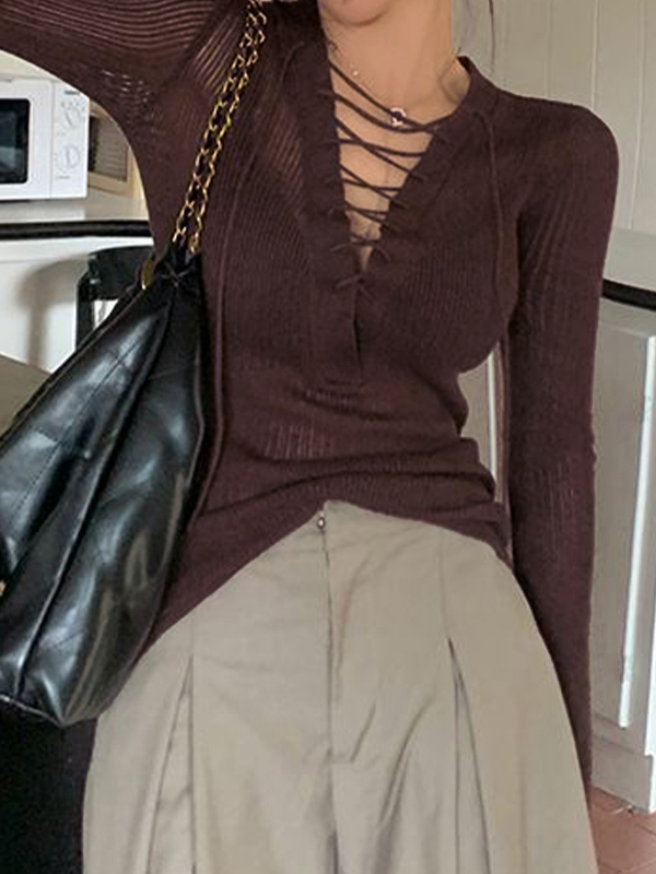 Solid V Neck Lace Up Long Sleeve Knit-3