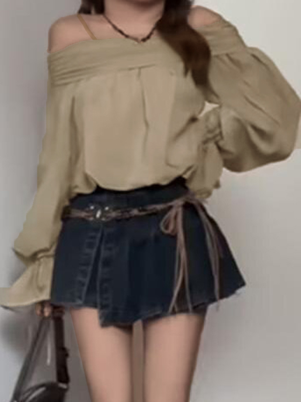 Off Shoulder Tie Up Puff Sleeve Long Sleeve Blouse-2