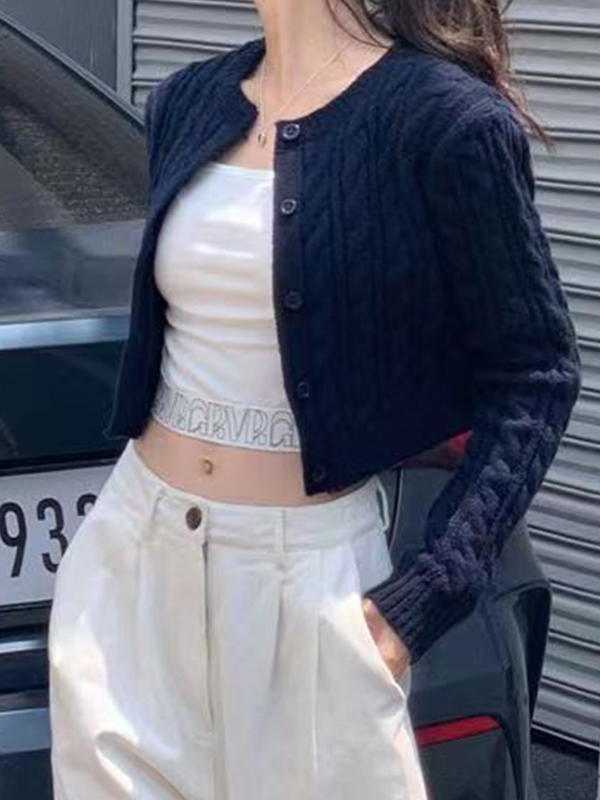 Solid Short Cable Knit Cardigan-2
