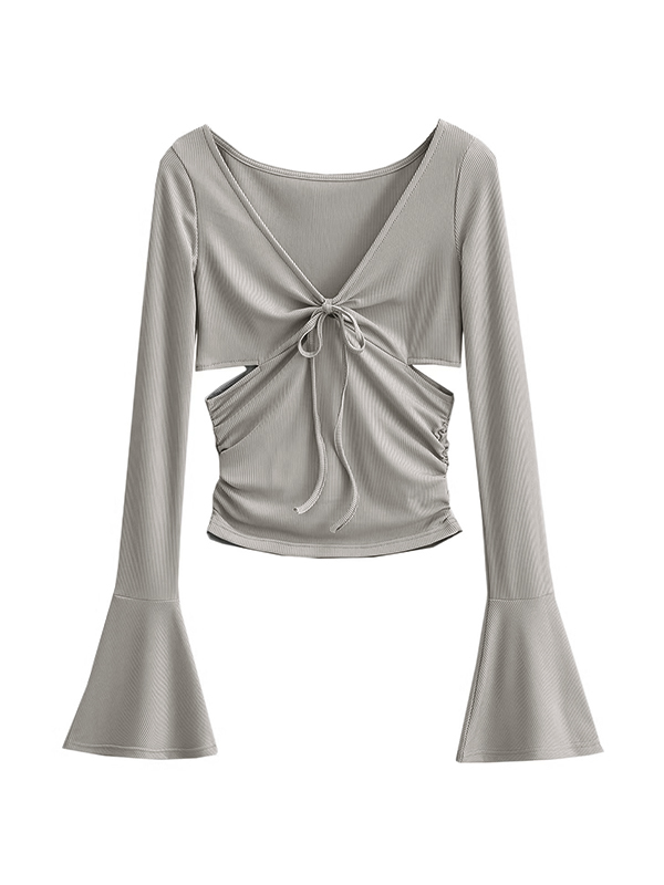 Solid V Neck Side Cutout Trumpet Sleeve Long Sleeve Knit-4