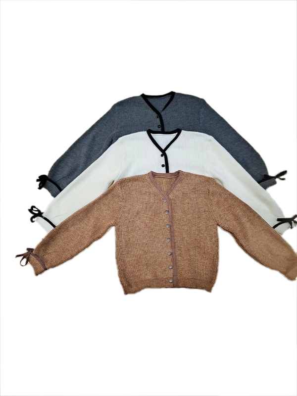 Contrast Trim Bow Decor Knit Cardigan-2