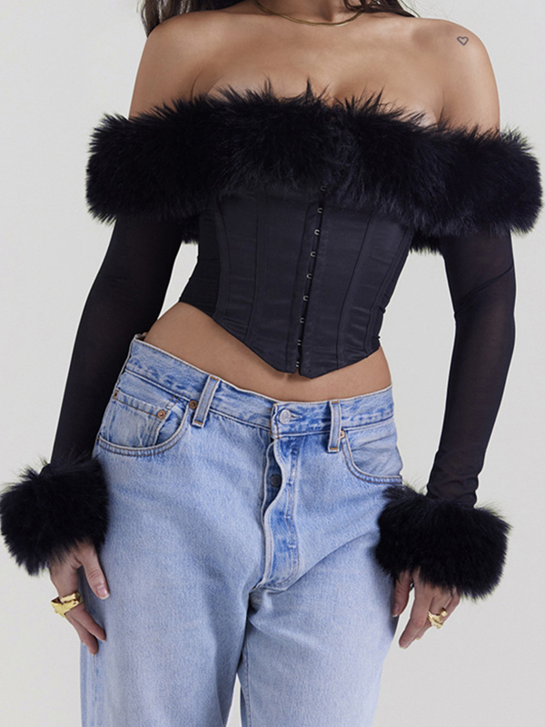 Fuzzy Trim Off Shoulder Mesh Breasted Corset Top-2