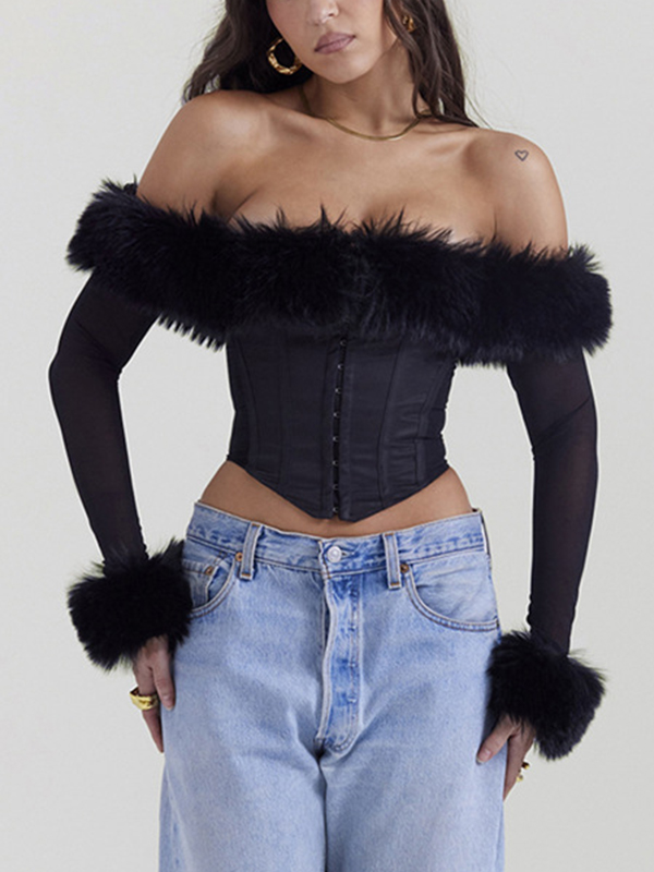 Fuzzy Trim Off Shoulder Mesh Breasted Corset Top-3