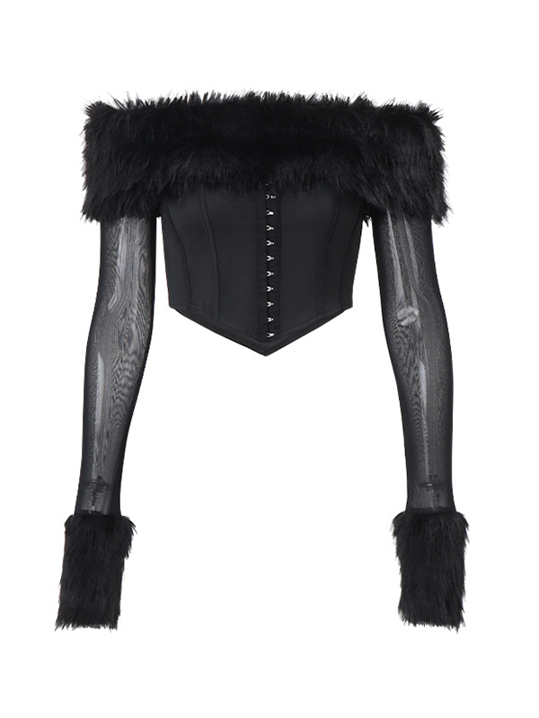 Fuzzy Trim Off Shoulder Mesh Breasted Corset Top-5