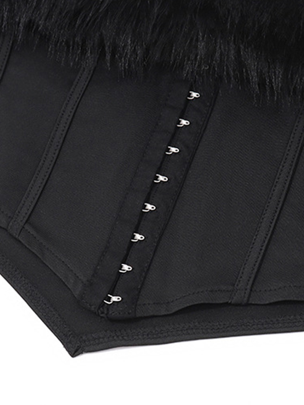 Fuzzy Trim Off Shoulder Mesh Breasted Corset Top-7