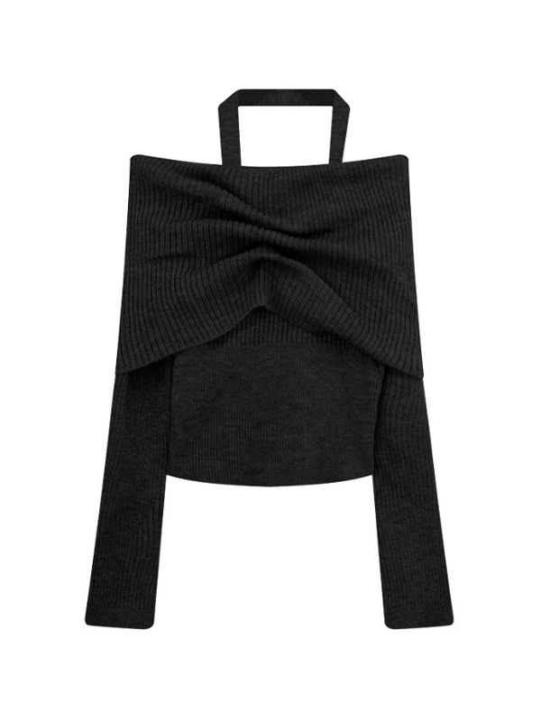 Solid Halter Ruched Cold Shoulder Sweater-5