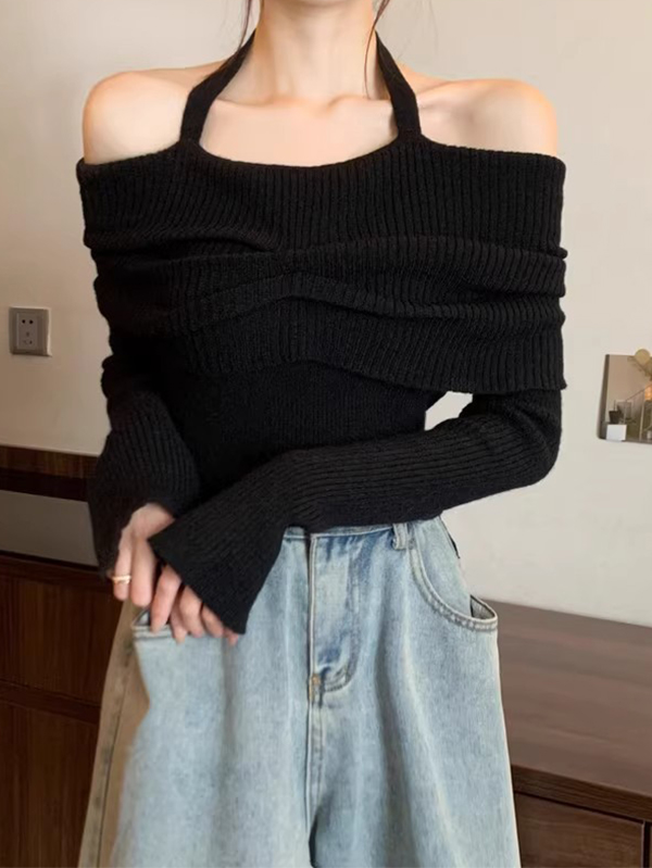 Solid Halter Ruched Cold Shoulder Sweater-3