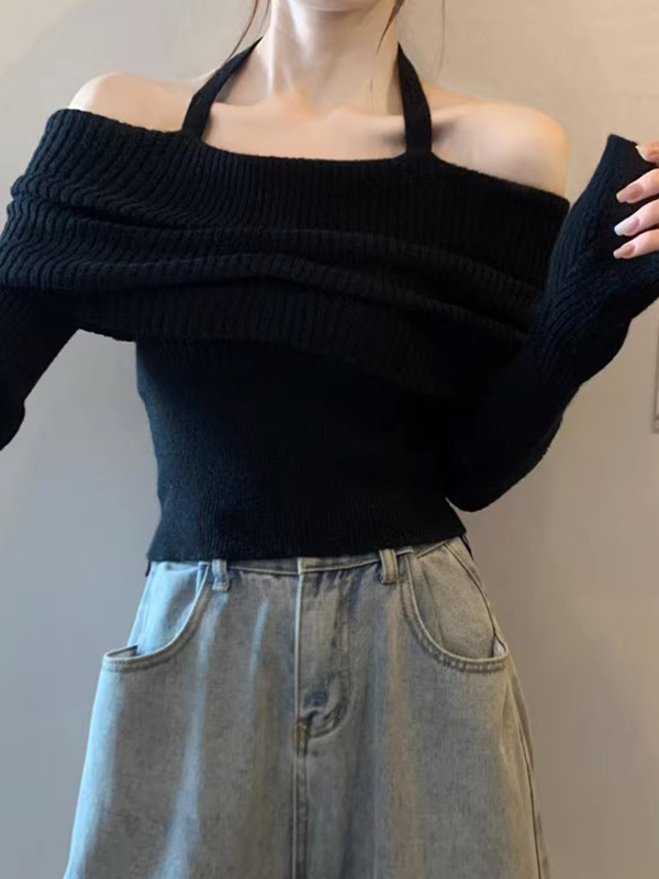 Solid Halter Ruched Cold Shoulder Sweater-4