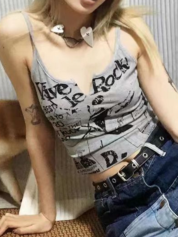 Graffiti Print Notched Neck Cami Top-2